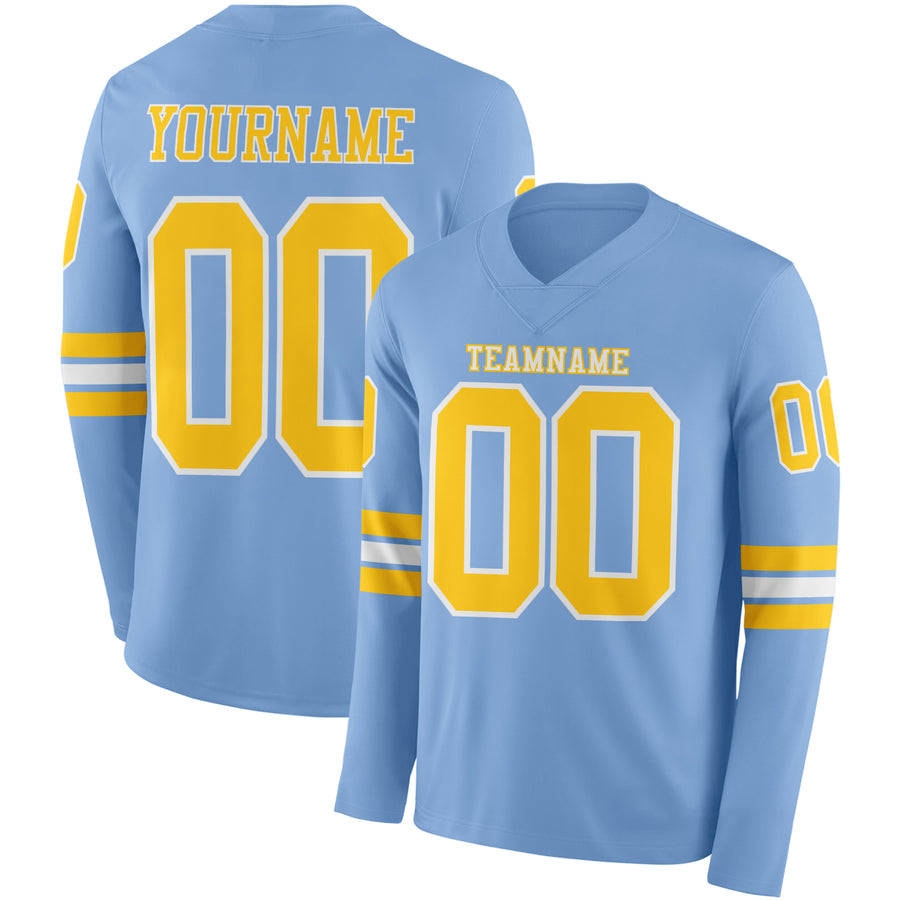Custom Light Blue Yellow-White Long Sleeve Authentic Football Jersey