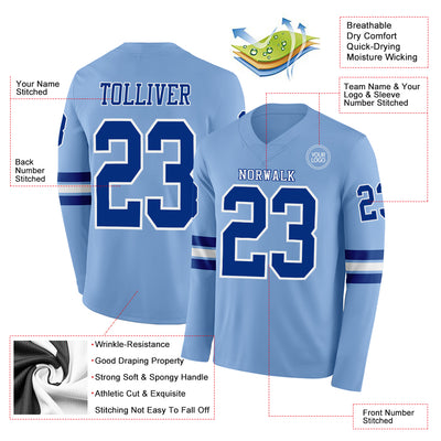 Custom Light Blue Royal-White Long Sleeve Authentic Football Jersey