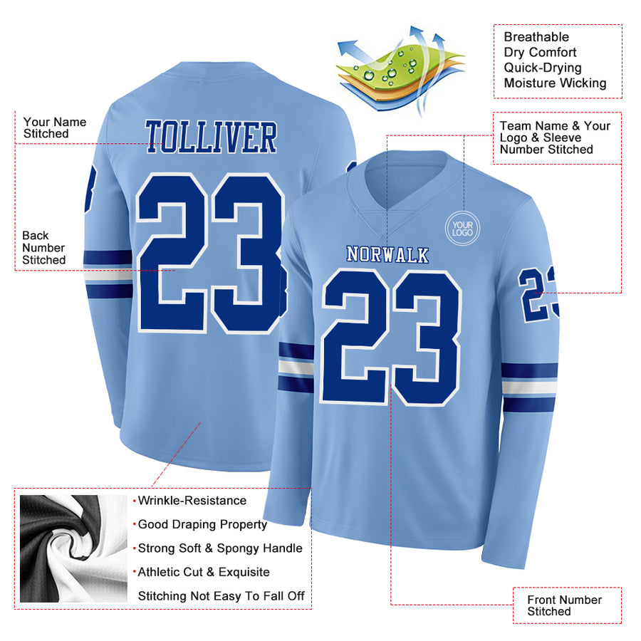 Custom Light Blue Royal-White Long Sleeve Authentic Football Jersey