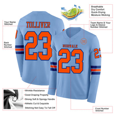 Custom Light Blue Orange-Royal Long Sleeve Authentic Football Jersey
