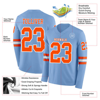 Custom Light Blue Orange-White Long Sleeve Authentic Football Jersey