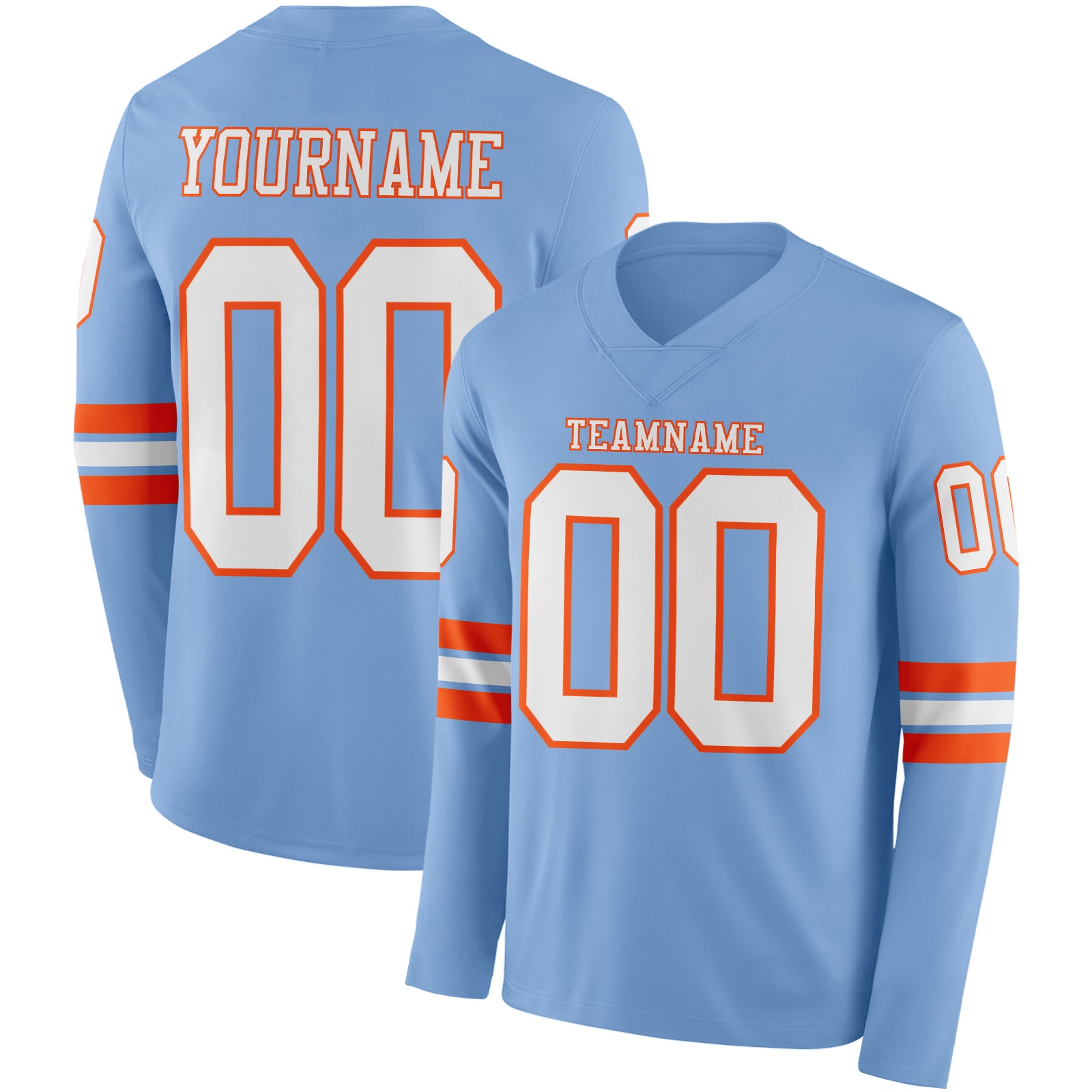 Custom Light Blue White-Orange Long Sleeve Authentic Football Jersey