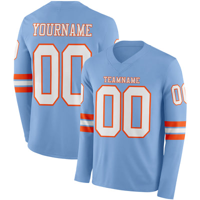 Custom Light Blue White-Orange Long Sleeve Authentic Football Jersey
