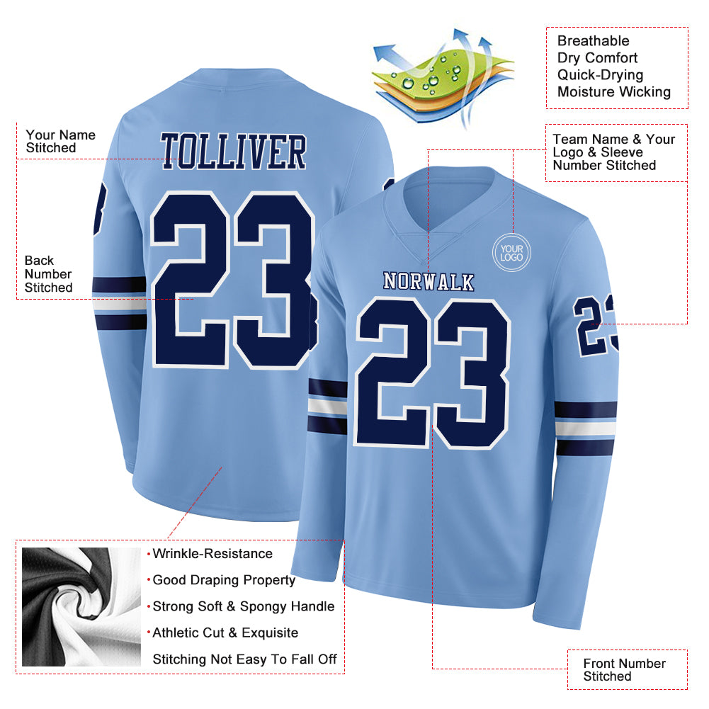 Custom Light Blue Navy-White Long Sleeve Authentic Football Jersey