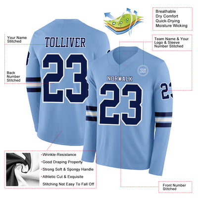 Custom Light Blue Navy-White Long Sleeve Authentic Football Jersey