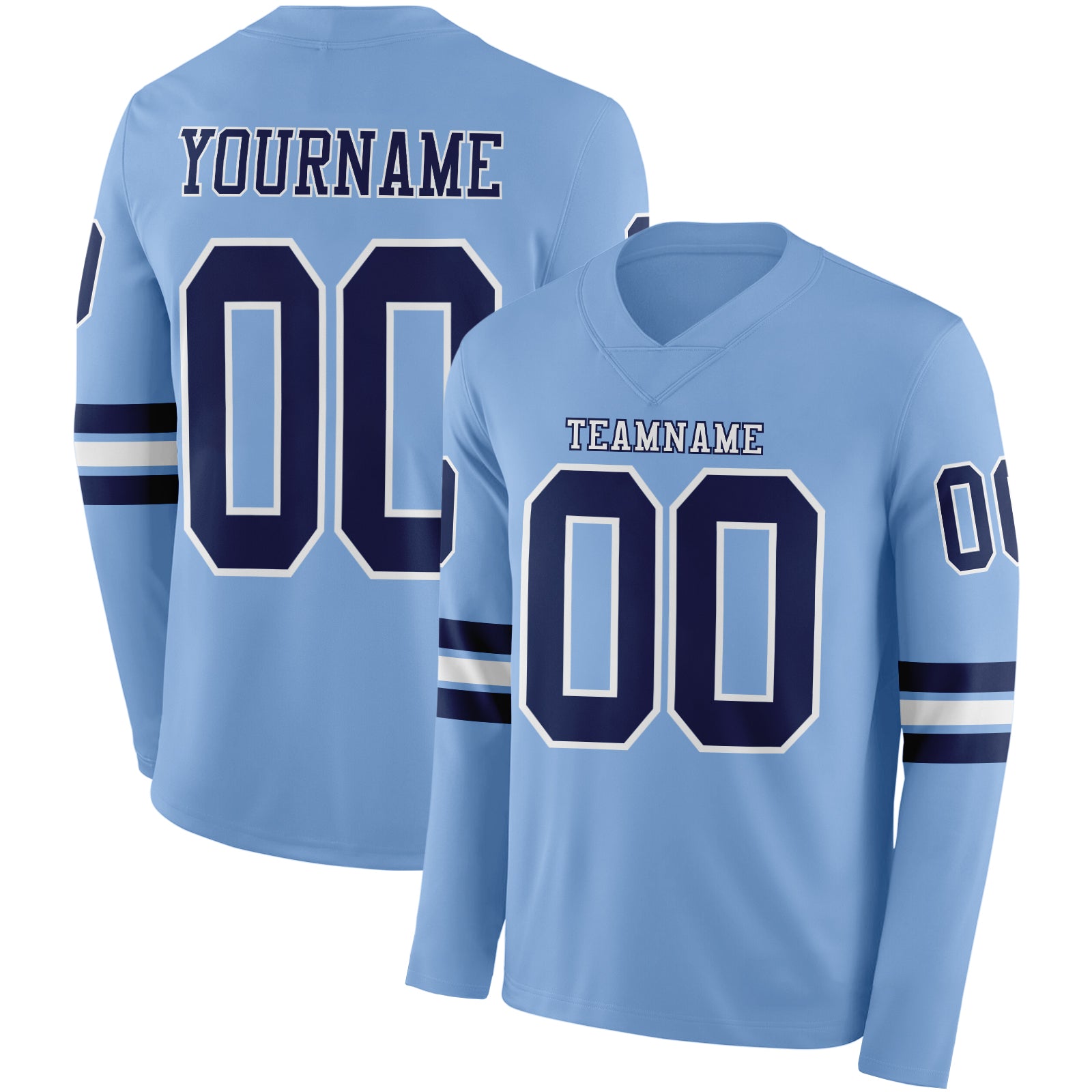Custom Light Blue Navy-White Long Sleeve Authentic Football Jersey