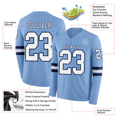 Custom Light Blue White-Navy Long Sleeve Authentic Football Jersey