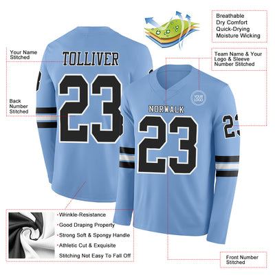 Custom Light Blue Black-White Long Sleeve Authentic Football Jersey