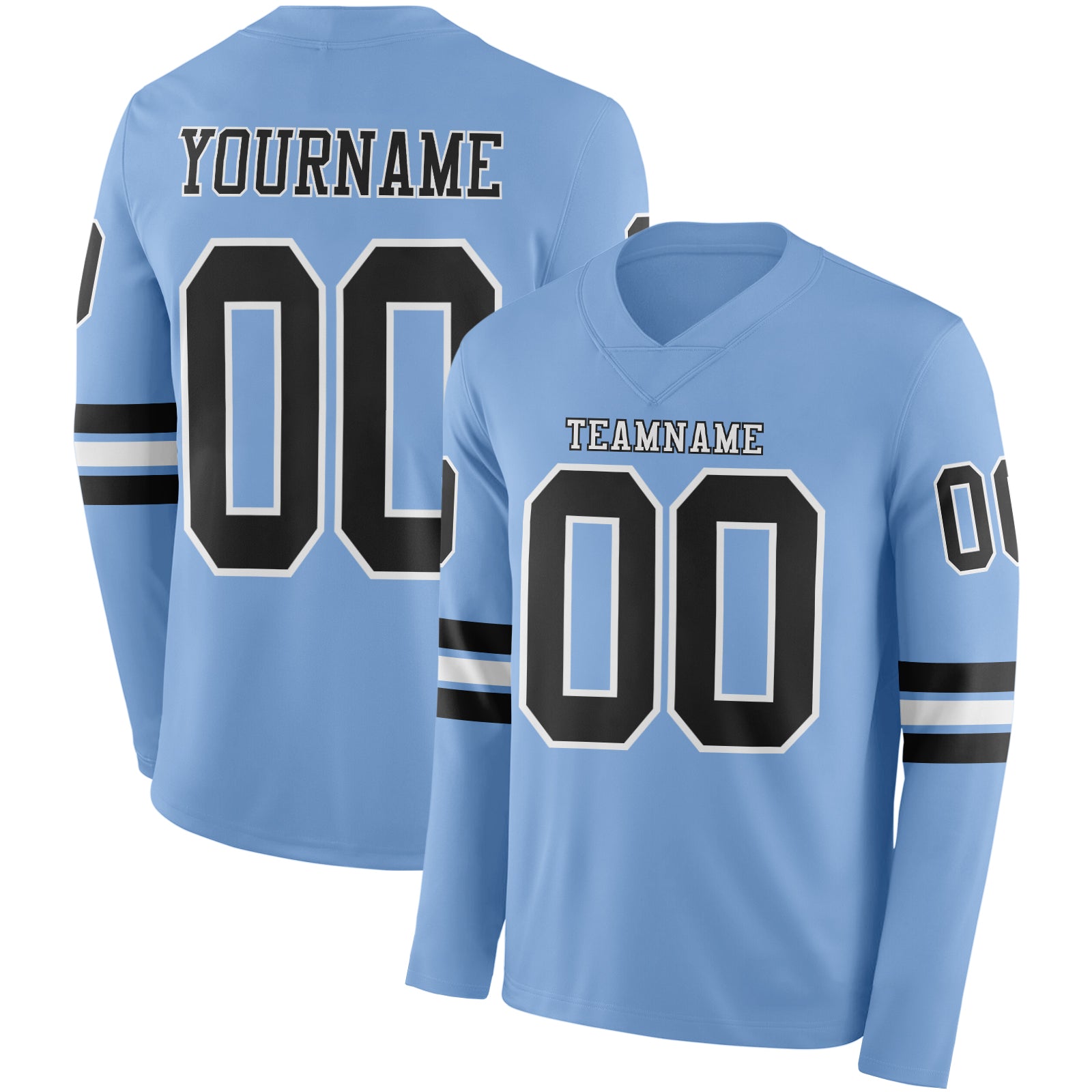 Custom Light Blue Black-White Long Sleeve Authentic Football Jersey