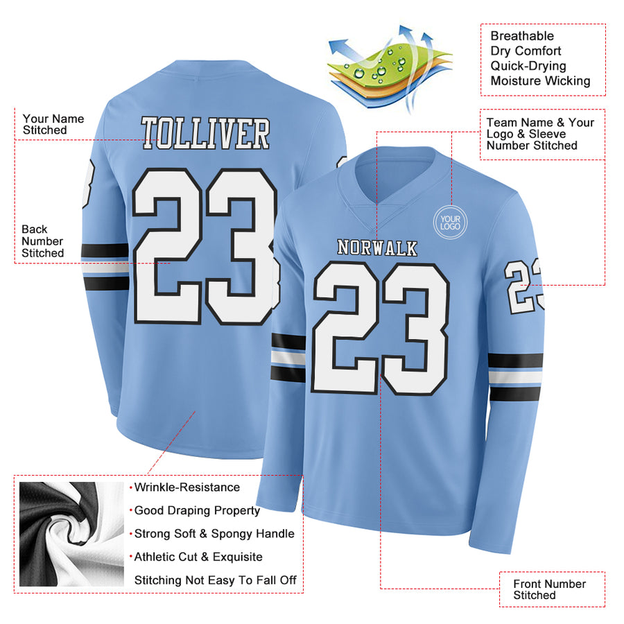 Custom Light Blue White-Black Long Sleeve Authentic Football Jersey