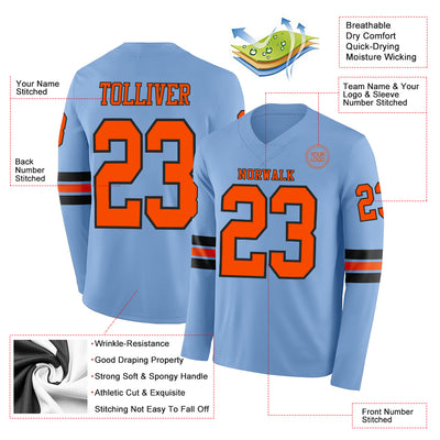 Custom Light Blue Orange-Black Long Sleeve Authentic Football Jersey
