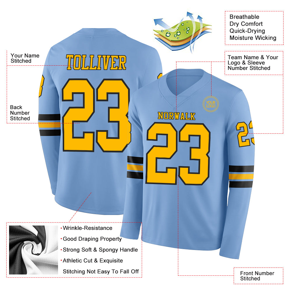 Custom Light Blue Gold-Black Long Sleeve Authentic Football Jersey