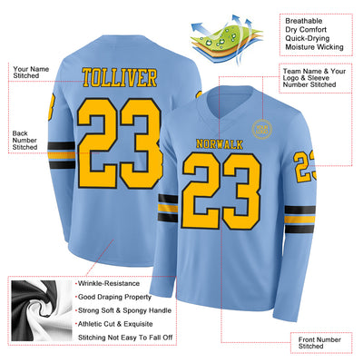 Custom Light Blue Gold-Black Long Sleeve Authentic Football Jersey