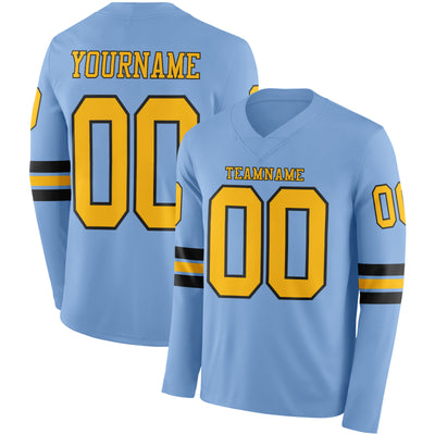 Custom Light Blue Gold-Black Long Sleeve Authentic Football Jersey