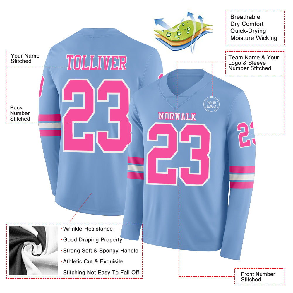 Custom Light Blue Pink-White Long Sleeve Authentic Football Jersey