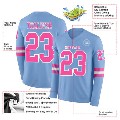 Custom Light Blue Pink-White Long Sleeve Authentic Football Jersey