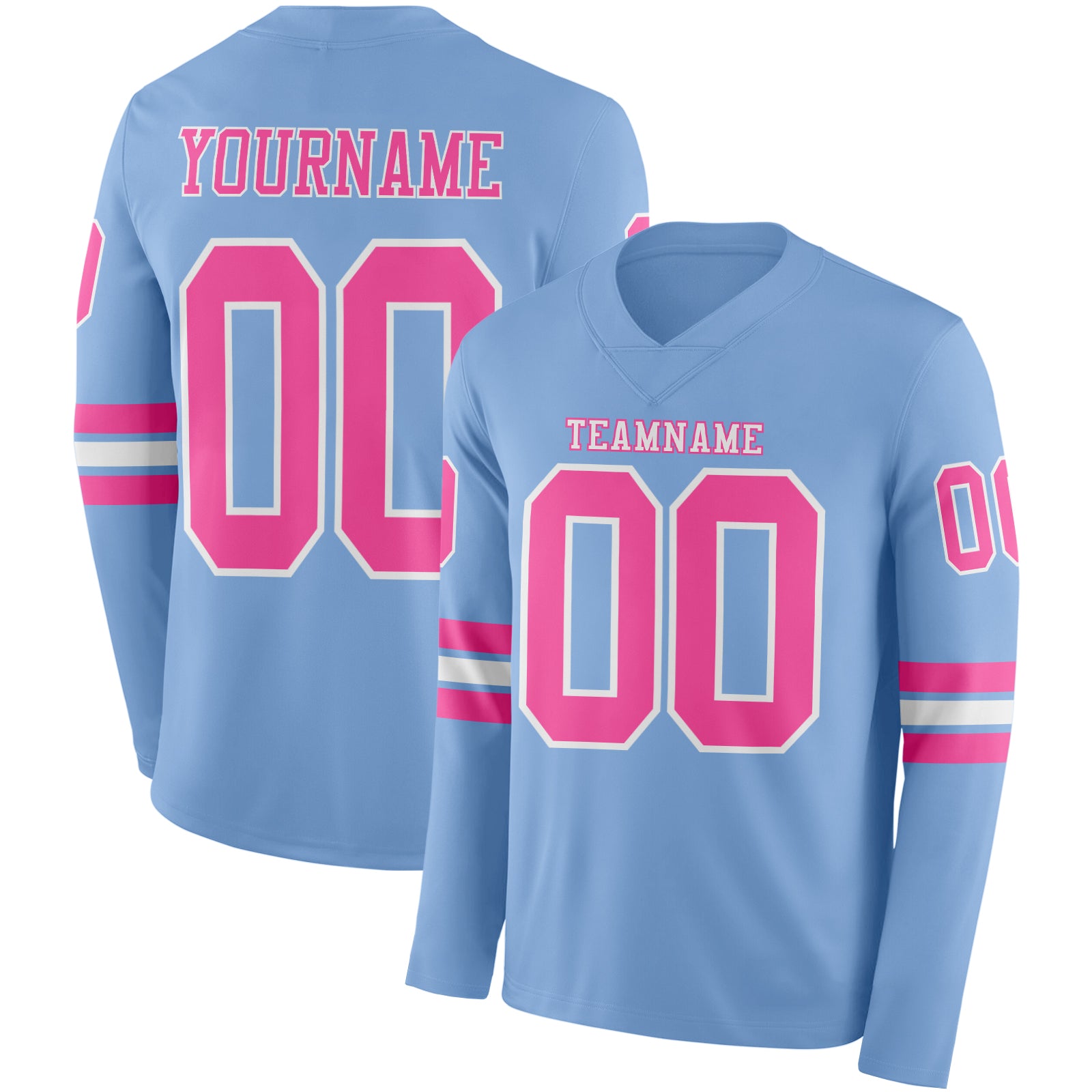 Custom Light Blue Pink-White Long Sleeve Authentic Football Jersey