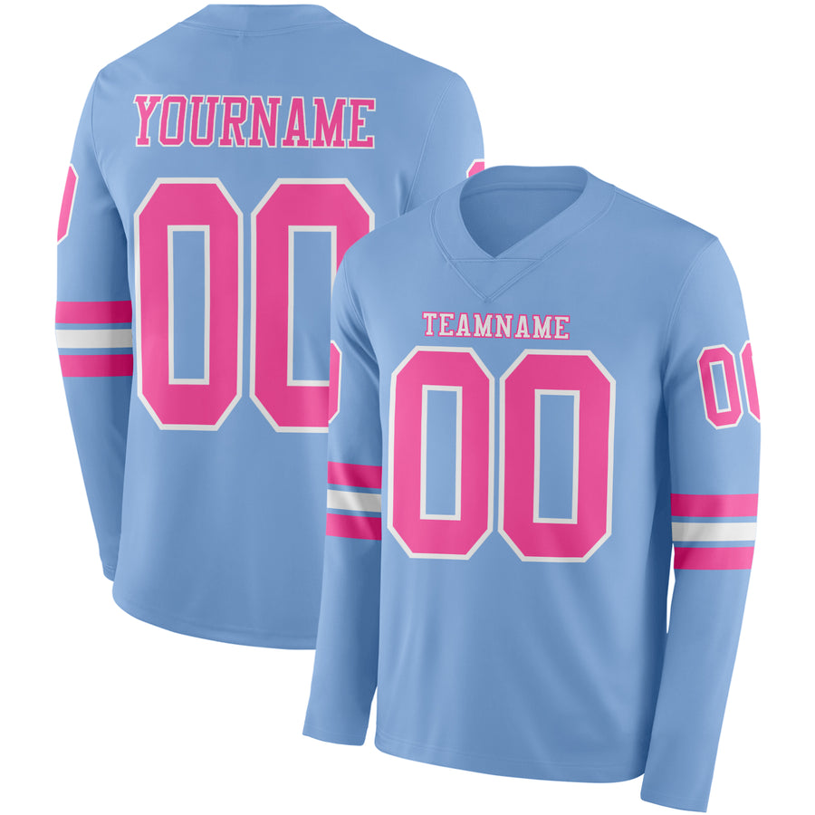 Custom Light Blue Pink-White Long Sleeve Authentic Football Jersey