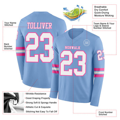 Custom Light Blue White-Pink Long Sleeve Authentic Football Jersey