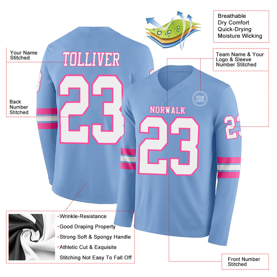 Custom Light Blue White-Pink Long Sleeve Authentic Football Jersey