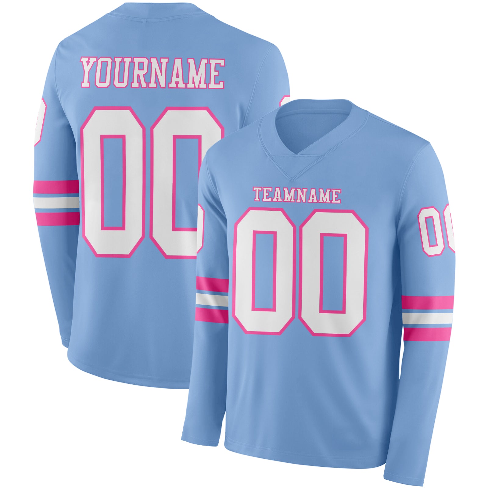 Custom Light Blue White-Pink Long Sleeve Authentic Football Jersey