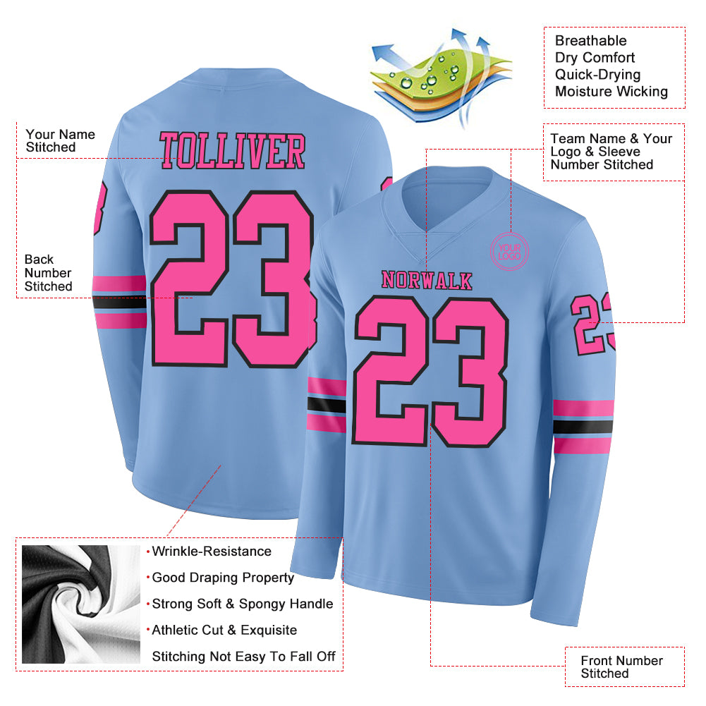 Custom Light Blue Pink-Black Long Sleeve Authentic Football Jersey