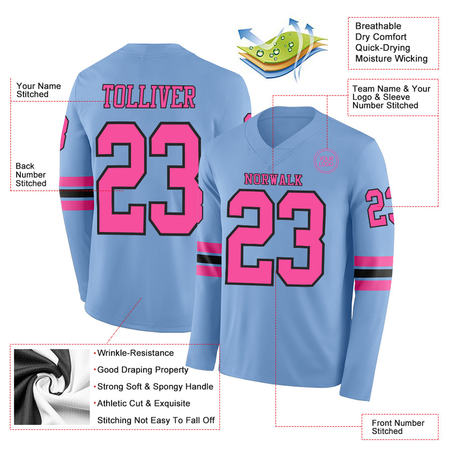 Custom Light Blue Pink-Black Long Sleeve Authentic Football Jersey