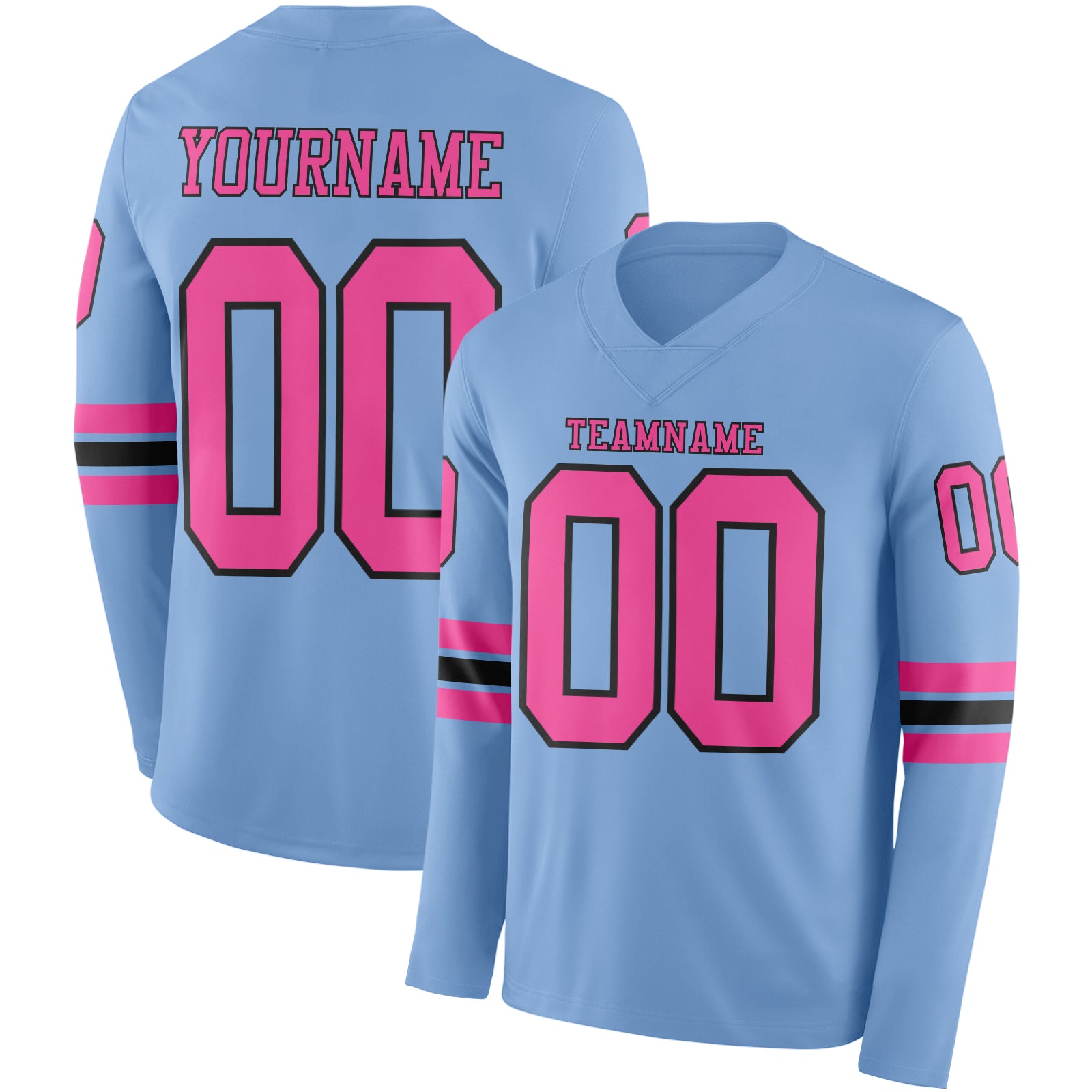 Custom Light Blue Pink-Black Long Sleeve Authentic Football Jersey