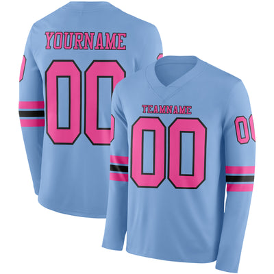 Custom Light Blue Pink-Black Long Sleeve Authentic Football Jersey