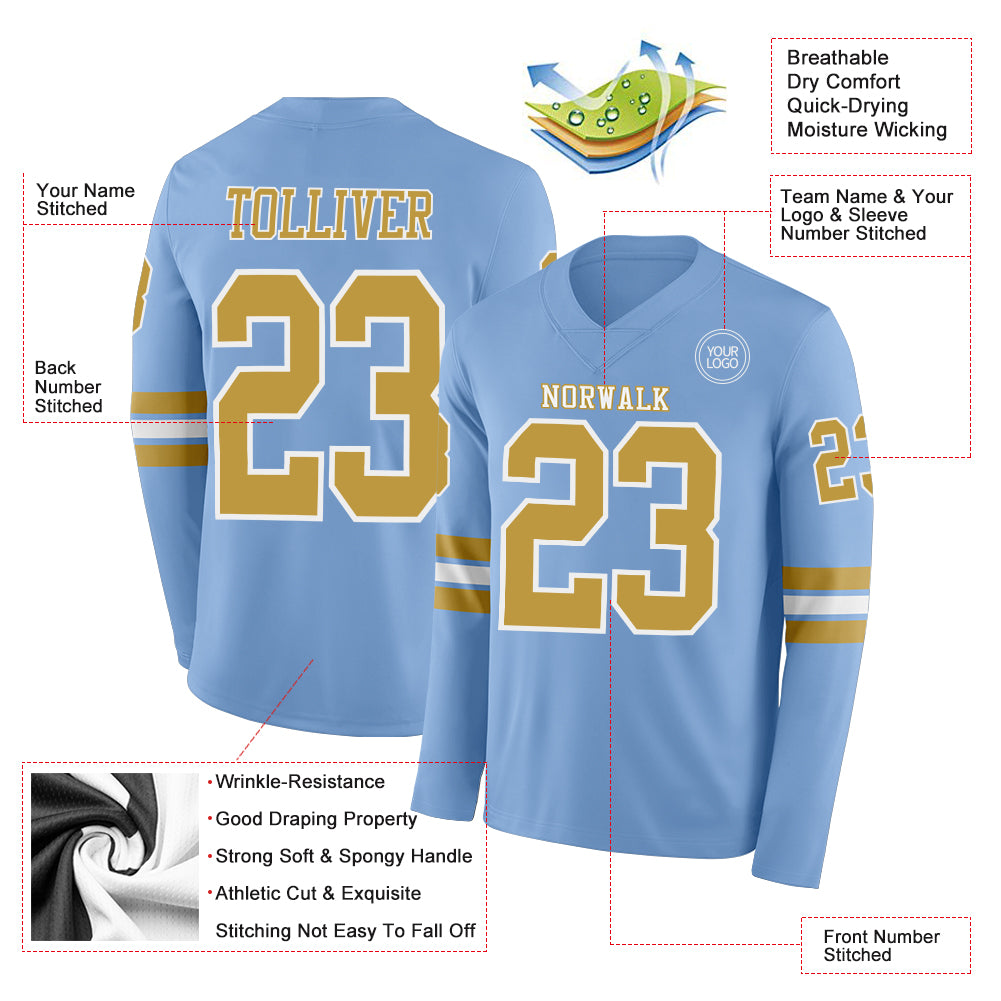 Custom Light Blue Old Gold-White Long Sleeve Authentic Football Jersey