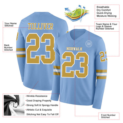 Custom Light Blue Old Gold-White Long Sleeve Authentic Football Jersey