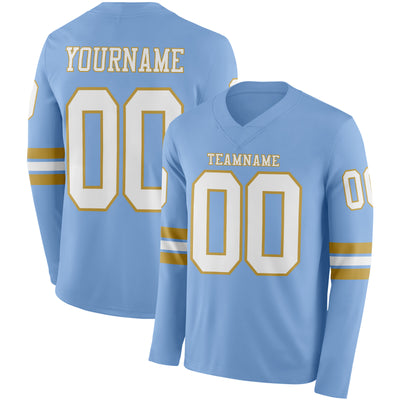 Custom Light Blue White-Old Gold Long Sleeve Authentic Football Jersey