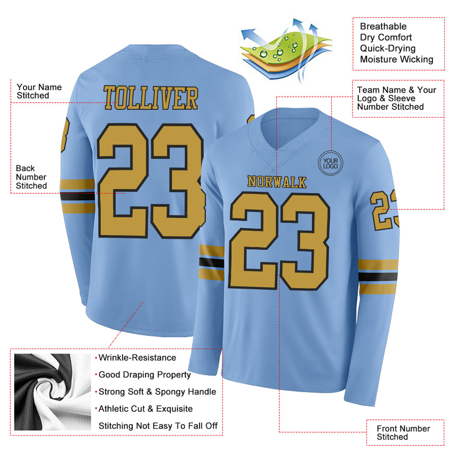 Custom Light Blue Old Gold-Black Long Sleeve Authentic Football Jersey