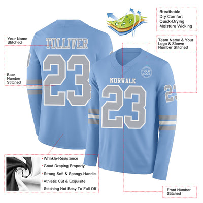 Custom Light Blue Gray-White Long Sleeve Authentic Football Jersey