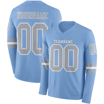 Custom Light Blue Gray-White Long Sleeve Authentic Football Jersey