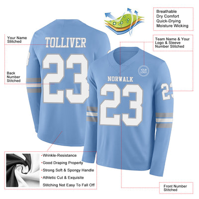 Custom Light Blue White-Gray Long Sleeve Authentic Football Jersey