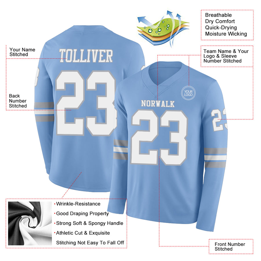 Custom Light Blue White-Gray Long Sleeve Authentic Football Jersey