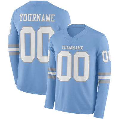 Custom Light Blue White-Gray Long Sleeve Authentic Football Jersey