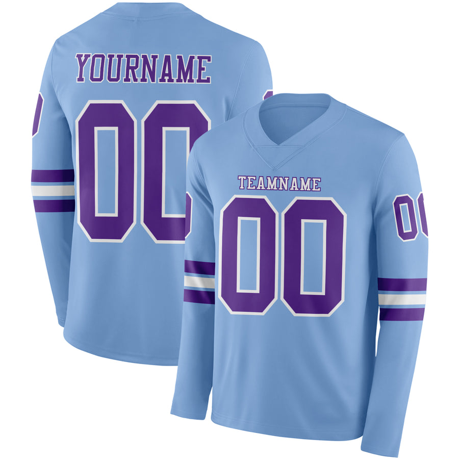 Custom Light Blue Purple-White Long Sleeve Authentic Football Jersey