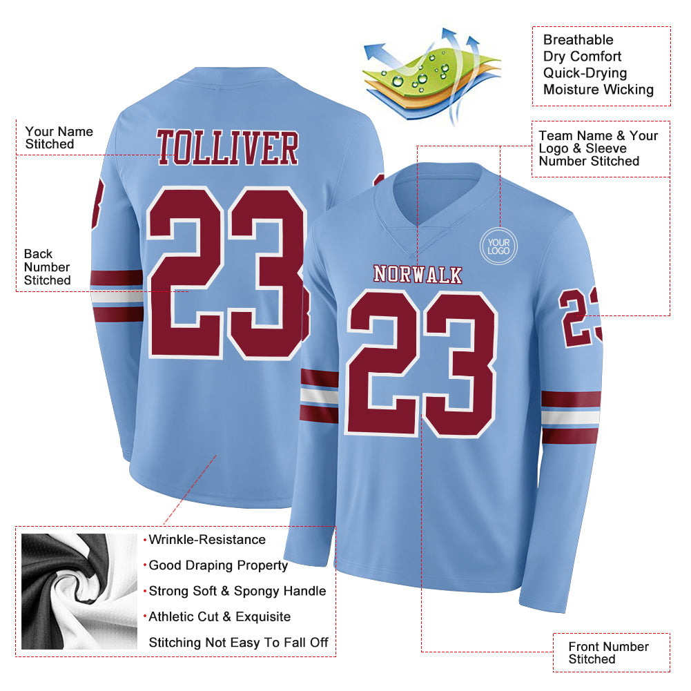 Custom Light Blue Crimson-White Long Sleeve Authentic Football Jersey