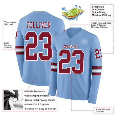 Custom Light Blue Crimson-White Long Sleeve Authentic Football Jersey