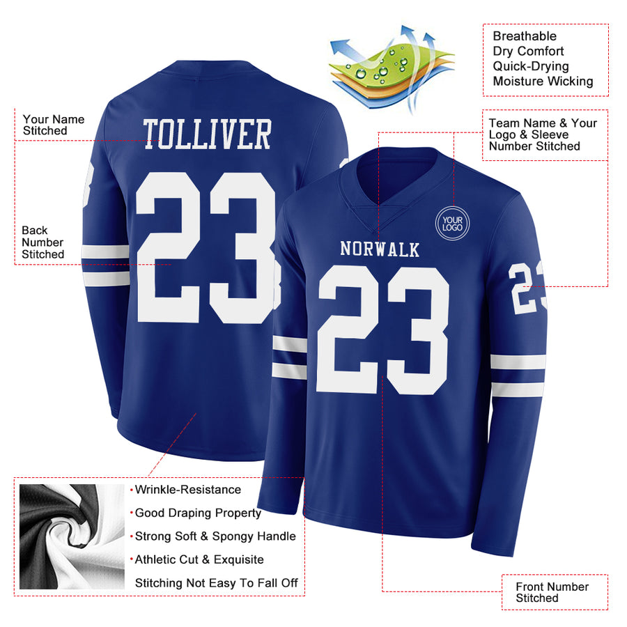 Custom Royal White Long Sleeve Authentic Football Jersey