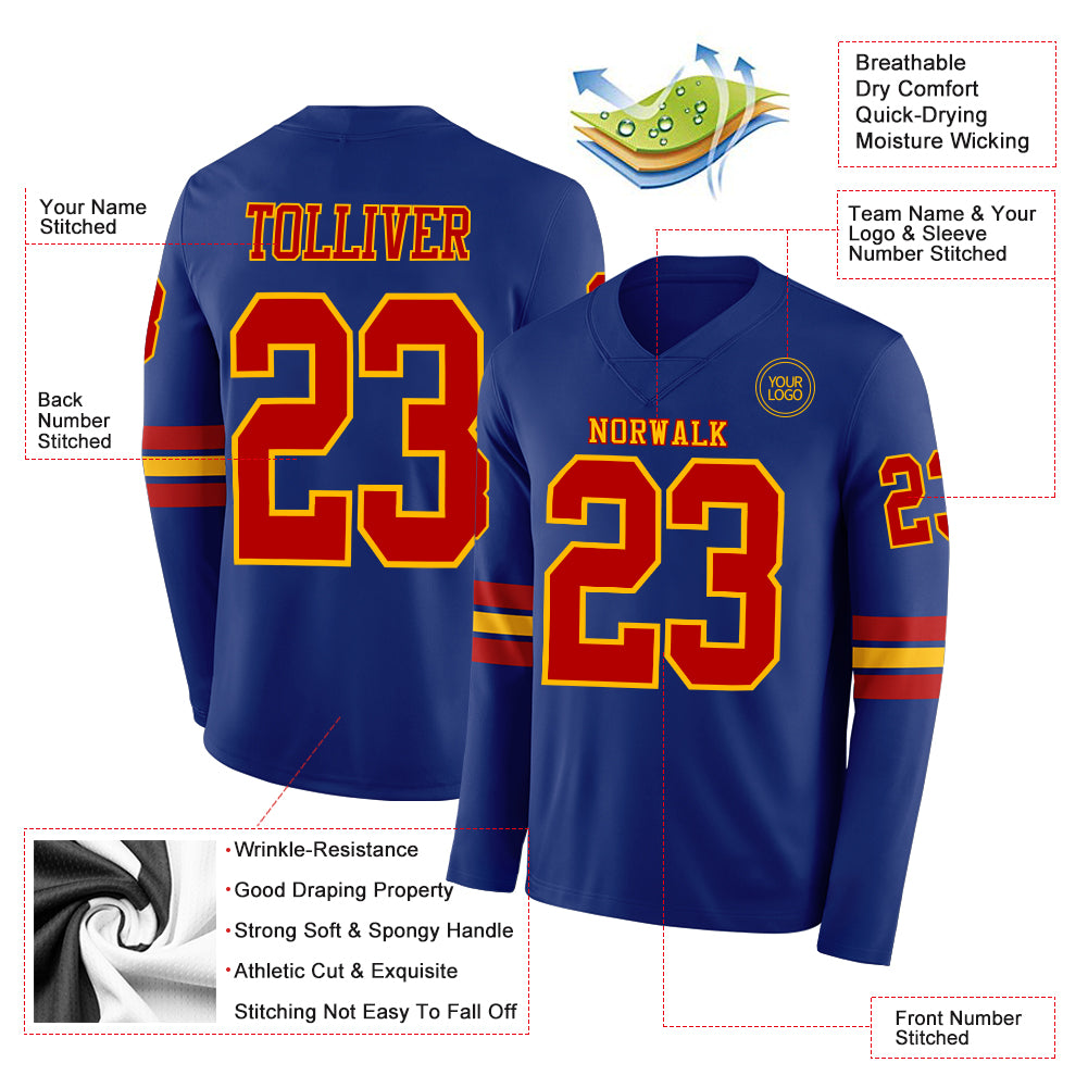 Custom Royal Red-Gold Long Sleeve Authentic Football Jersey