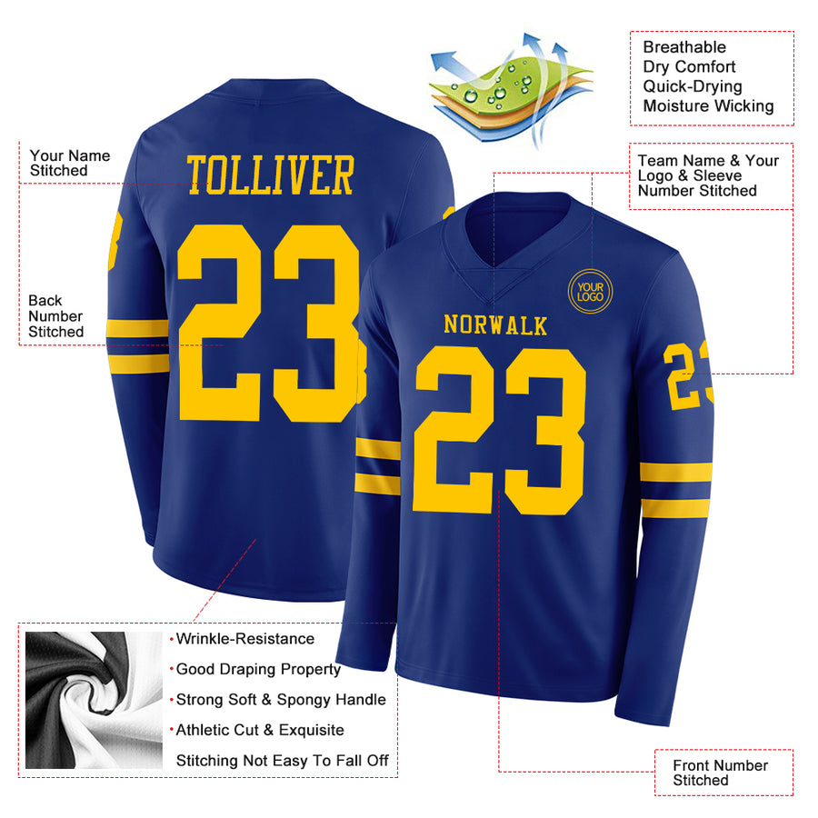 Custom Royal Yellow Long Sleeve Authentic Football Jersey