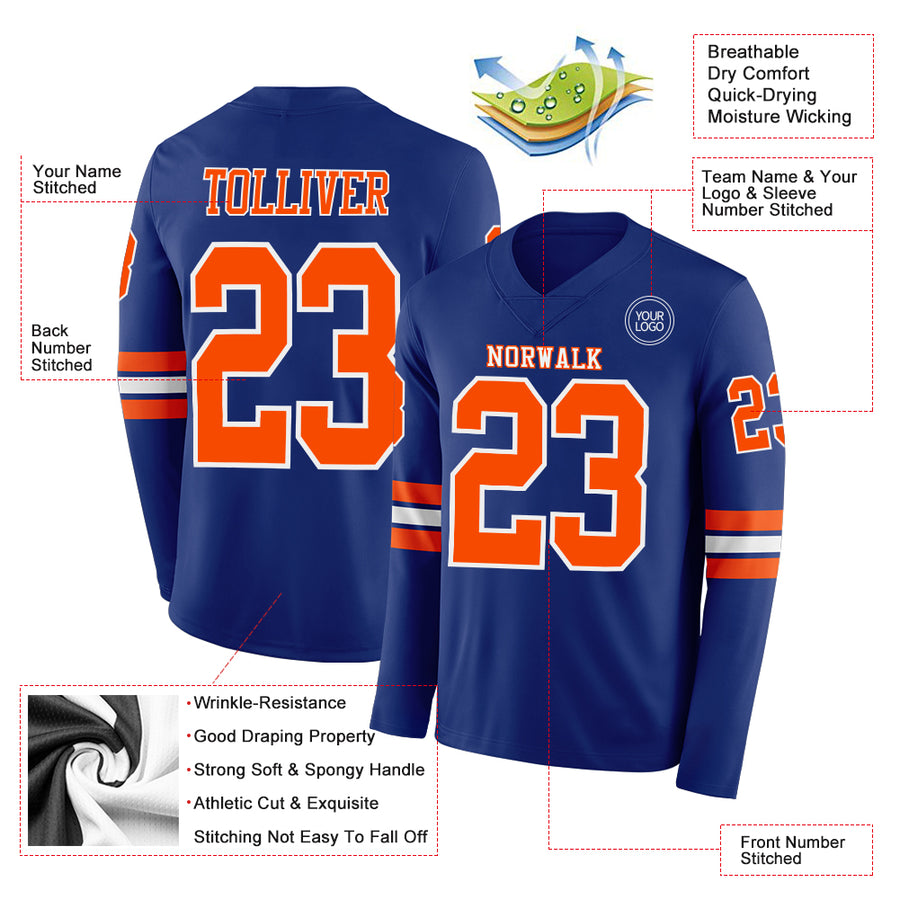 Custom Royal Orange-White Long Sleeve Authentic Football Jersey