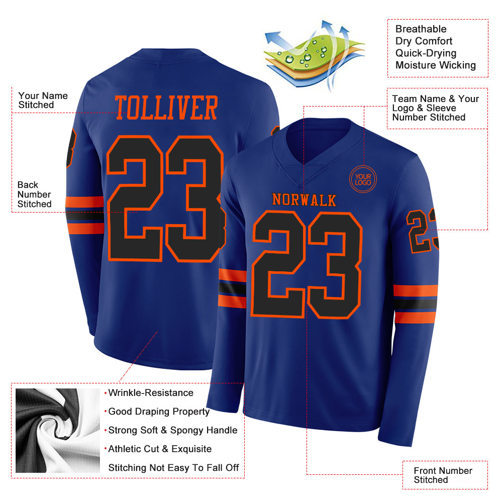 Custom Royal Black-Orange Long Sleeve Authentic Football Jersey
