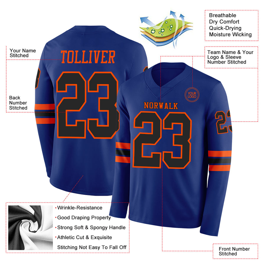 Custom Royal Black-Orange Long Sleeve Authentic Football Jersey
