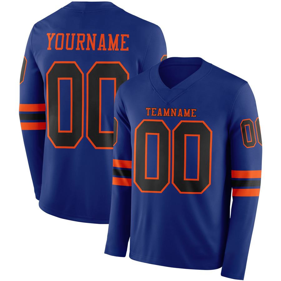 Custom Royal Black-Orange Long Sleeve Authentic Football Jersey