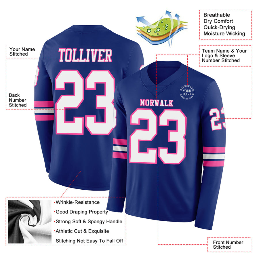 Custom Royal White-Pink Long Sleeve Authentic Football Jersey