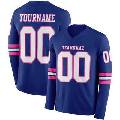 Custom Royal White-Pink Long Sleeve Authentic Football Jersey
